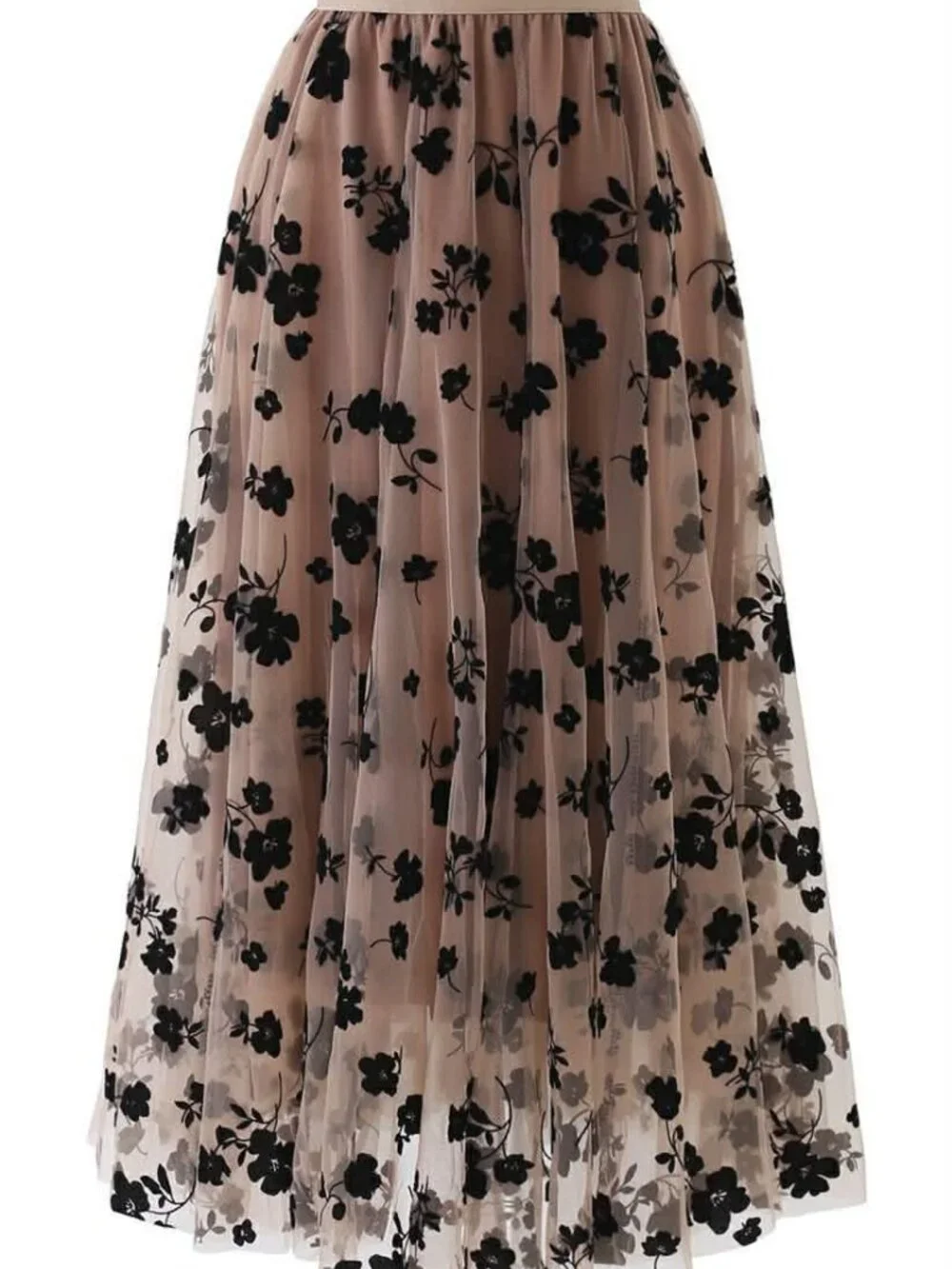 Chicwish 3D Posy Double-Layered Mesh Midi Skirt in Caramel L/XL